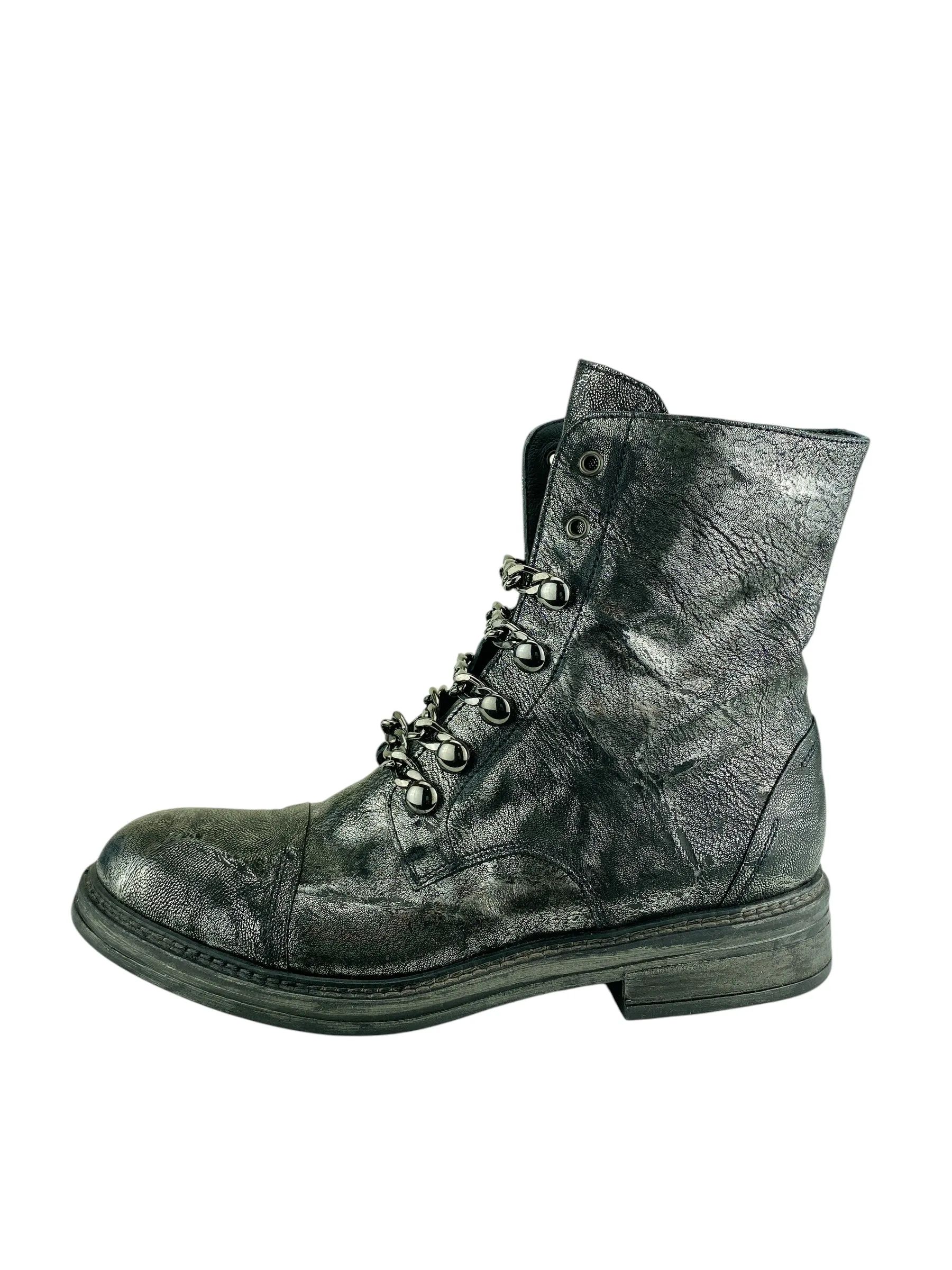 NOW. Made in Italy Women's Metallic Leather Combat Boots Pewter Size 41 EU (9.5 US)