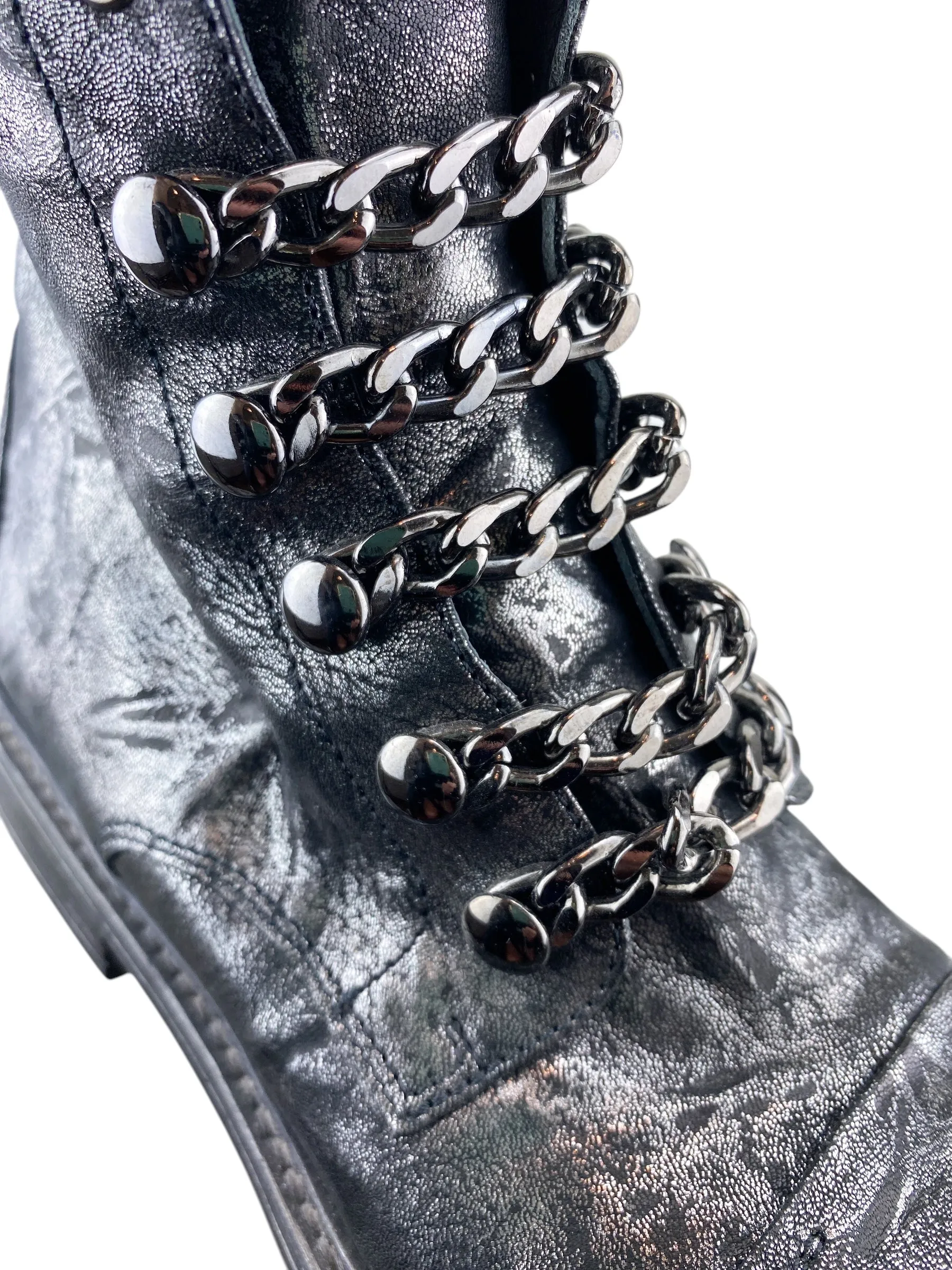 NOW. Made in Italy Women's Metallic Leather Combat Boots Pewter Size 41 EU (9.5 US)