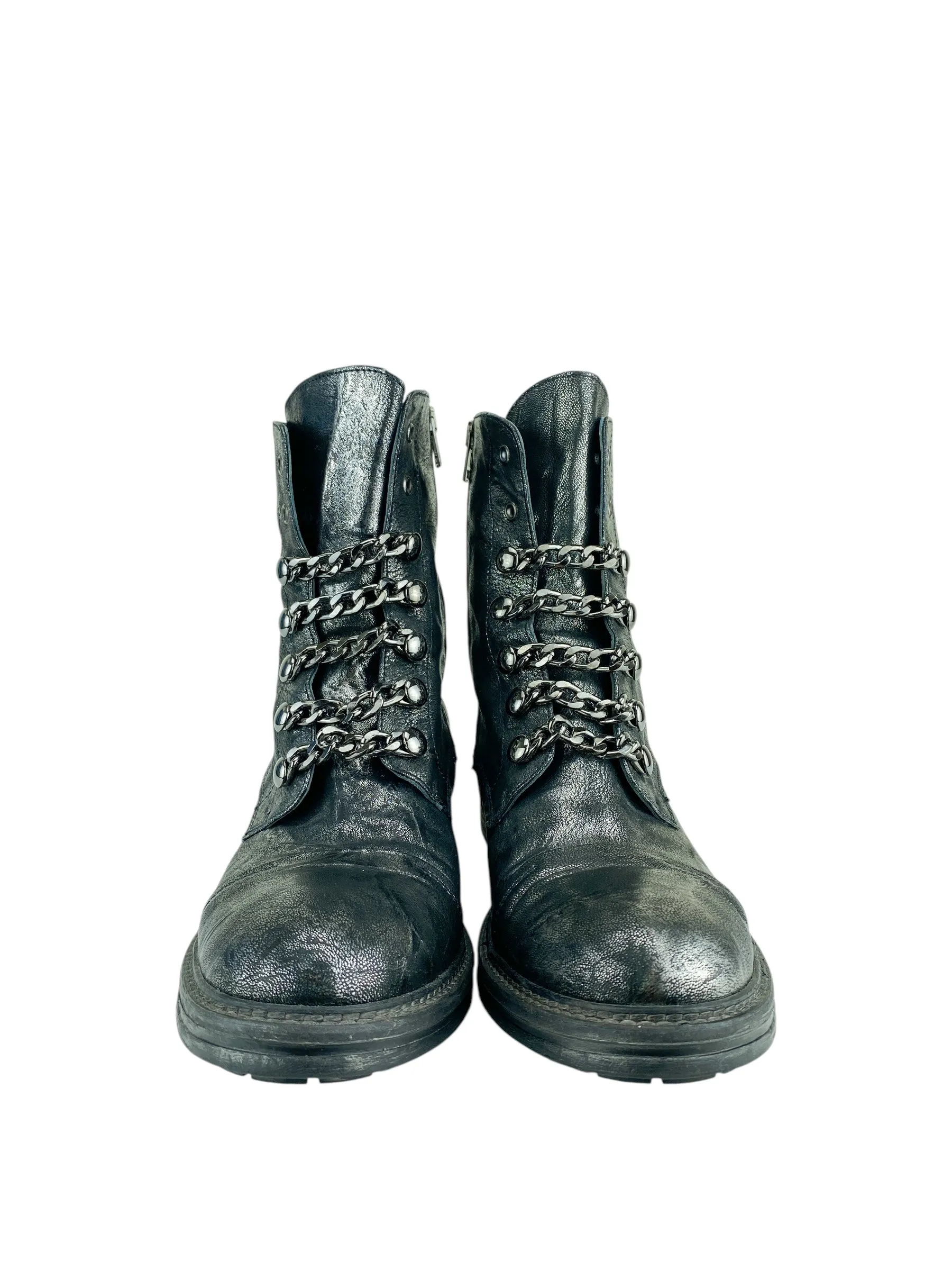 NOW. Made in Italy Women's Metallic Leather Combat Boots Pewter Size 41 EU (9.5 US)