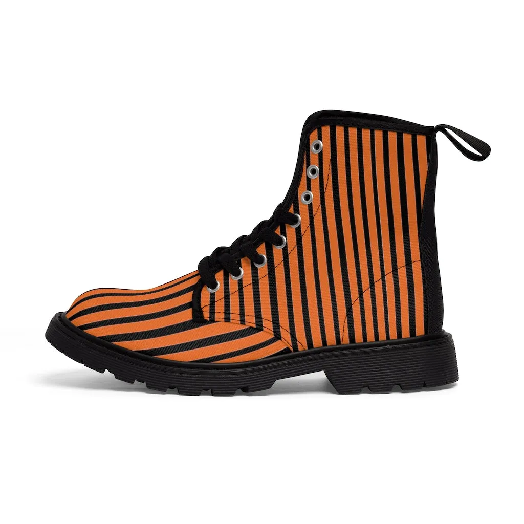 Orange Striped Print Men's Boots, Black Stripes Best Hiking Winter Boots Laced Up Shoes For Men