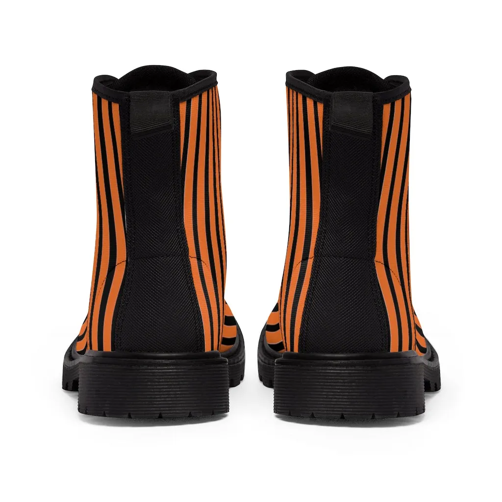 Orange Striped Print Men's Boots, Black Stripes Best Hiking Winter Boots Laced Up Shoes For Men