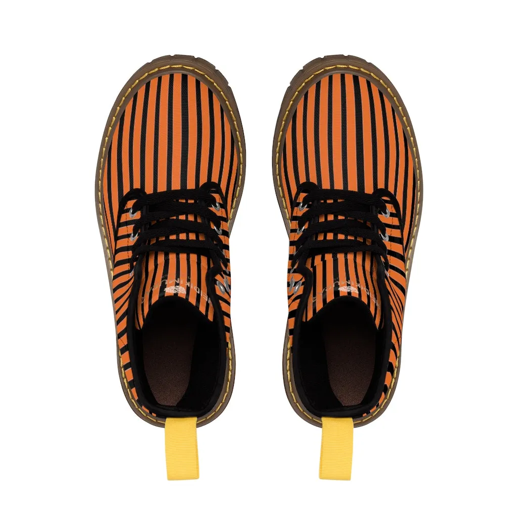 Orange Striped Print Men's Boots, Black Stripes Best Hiking Winter Boots Laced Up Shoes For Men