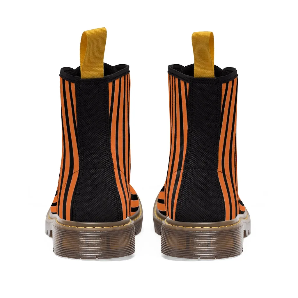 Orange Striped Print Men's Boots, Black Stripes Best Hiking Winter Boots Laced Up Shoes For Men