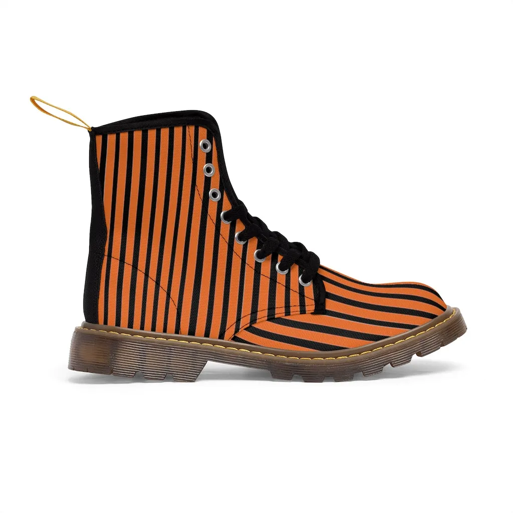 Orange Striped Print Men's Boots, Black Stripes Best Hiking Winter Boots Laced Up Shoes For Men