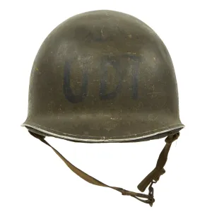 Original WWII U.S.N. U.D.T. Marked Early 1942 M1 McCord Fixed Bale Helmet with Decorated Hawley Paper Liner