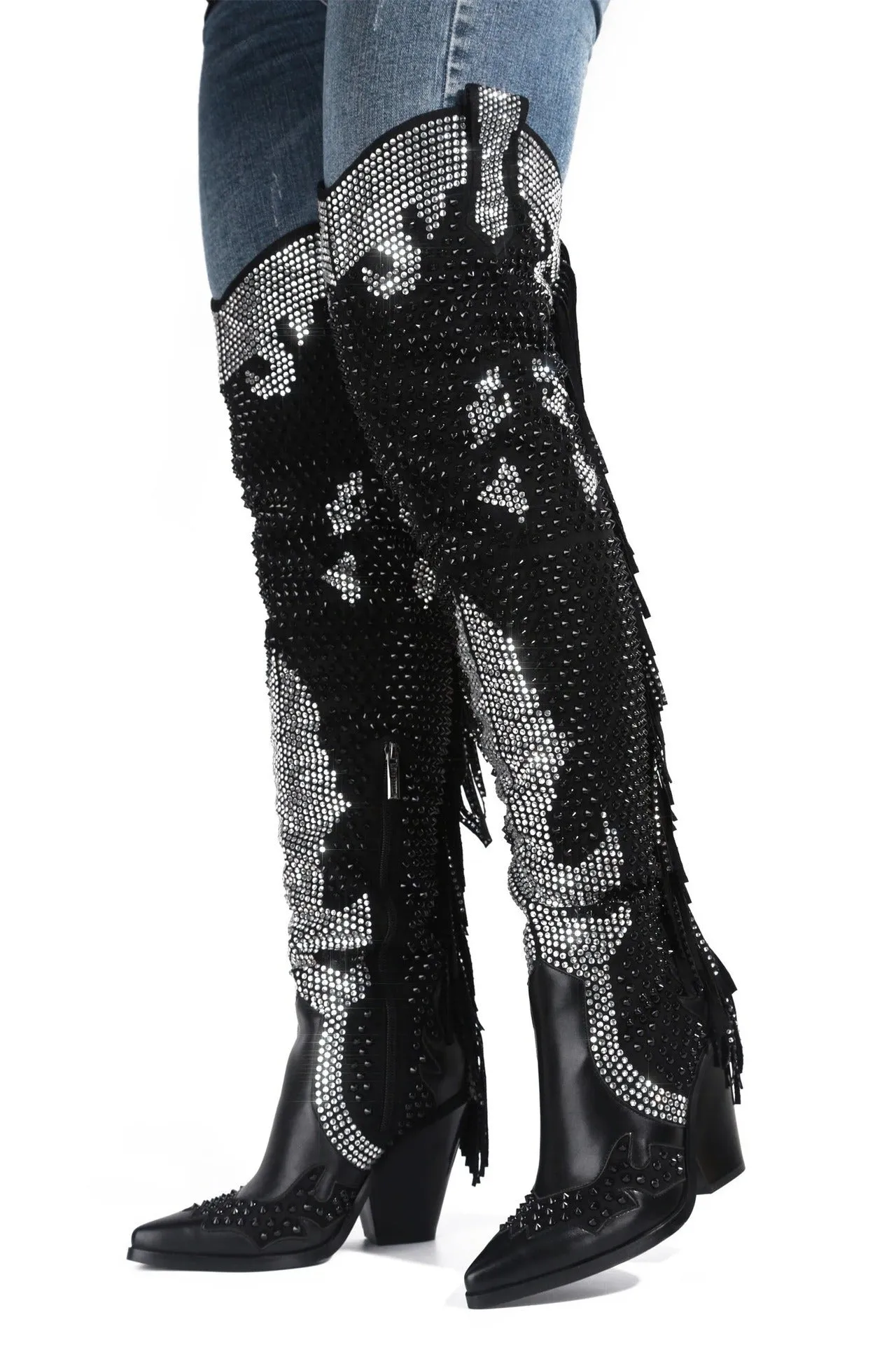 Over The Knee Boots Winter Crystal Fringe WesternCowboy Boots with rhinestone women's