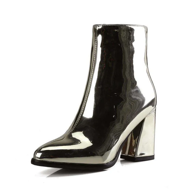 Patent Leather Fabric Pointed Thick Heel High-heel Zipper