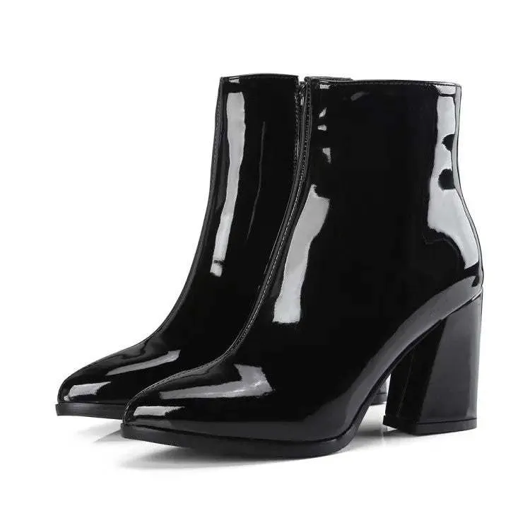 Patent Leather Fabric Pointed Thick Heel High-heel Zipper