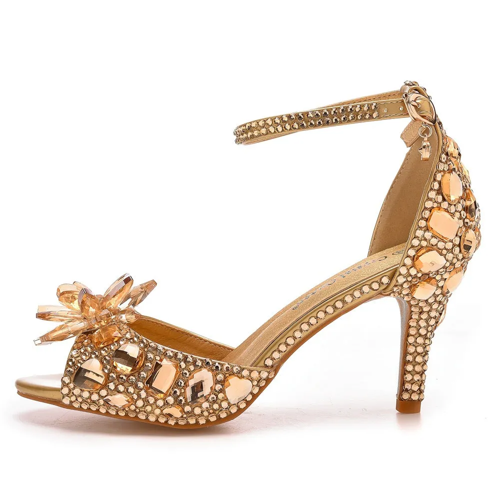 Peep Toe Crystal Rhinestone Ankle-Strap High Heels