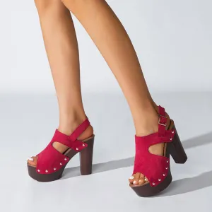 Peep Toe Leather Chunky High Heel Sandals