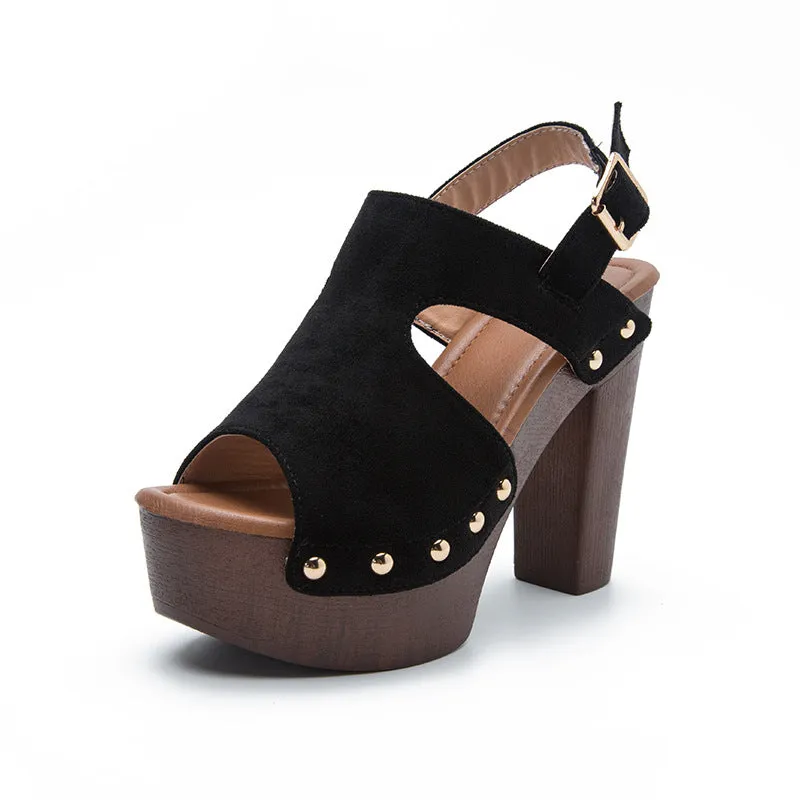 Peep Toe Leather Chunky High Heel Sandals