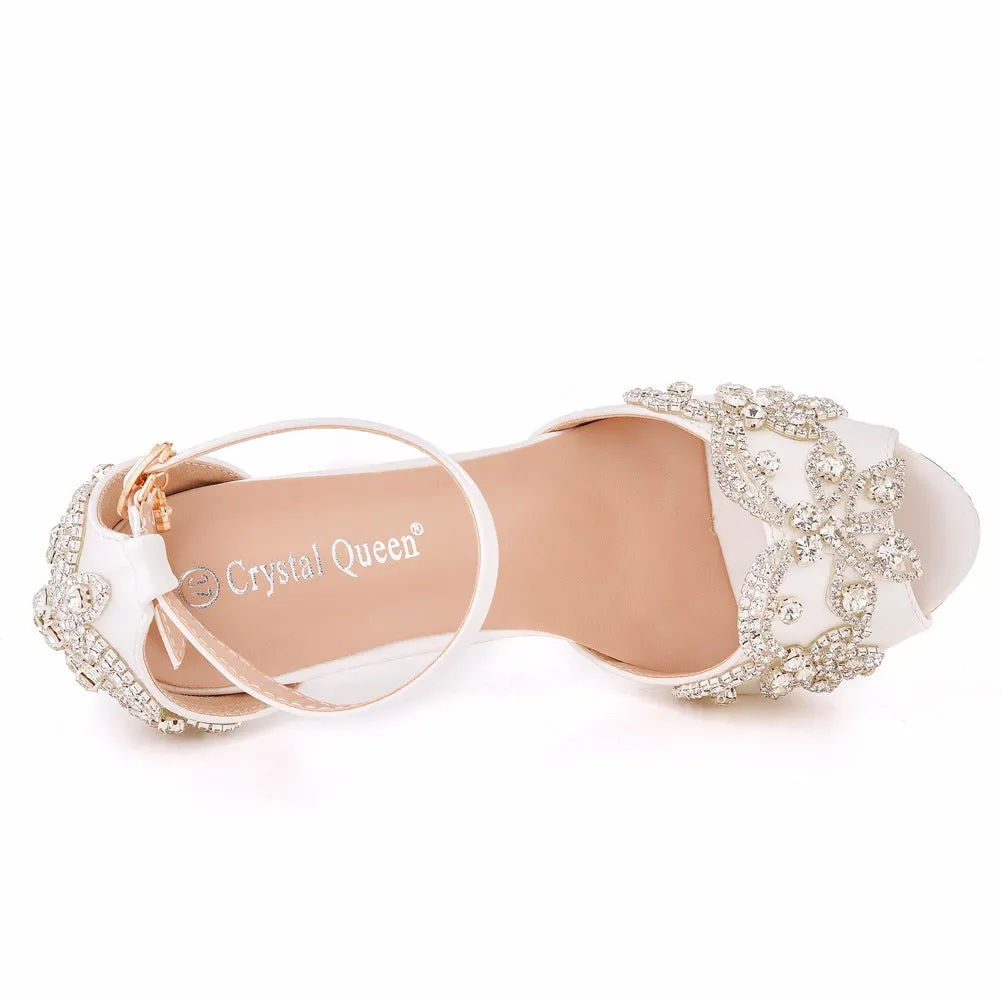 Peep Toe Rhinestone Flower Decor Platform Ankle-Strap High Heels