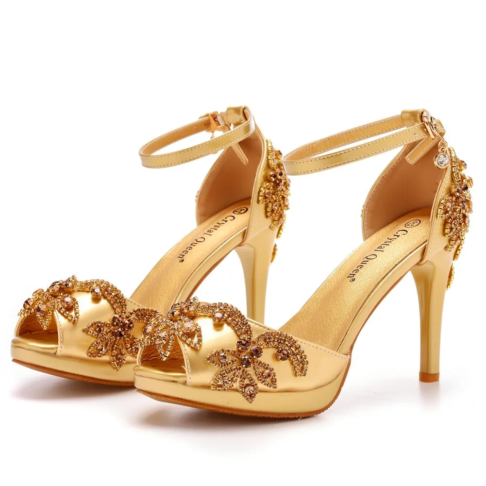 Peep Toe Rhinestone Flower Decor Platform Ankle-Strap High Heels