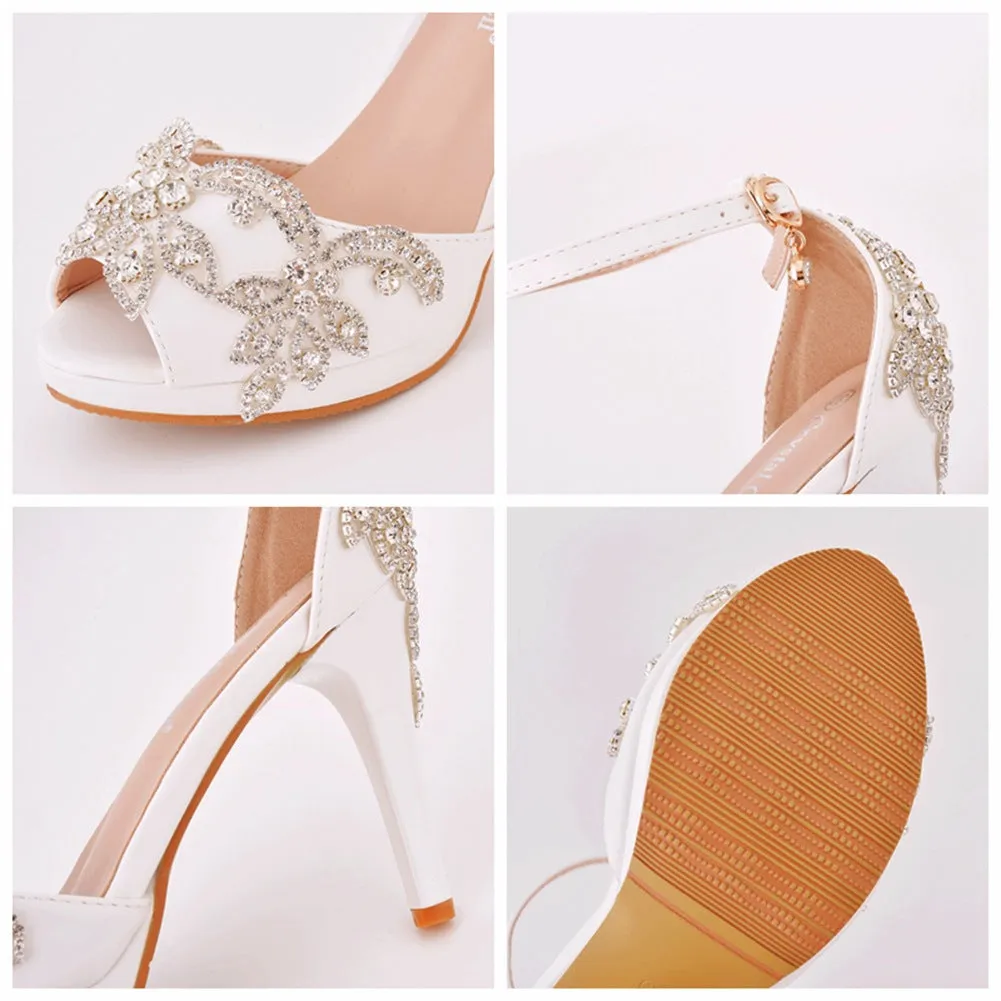 Peep Toe Rhinestone Flower Decor Platform Ankle-Strap High Heels