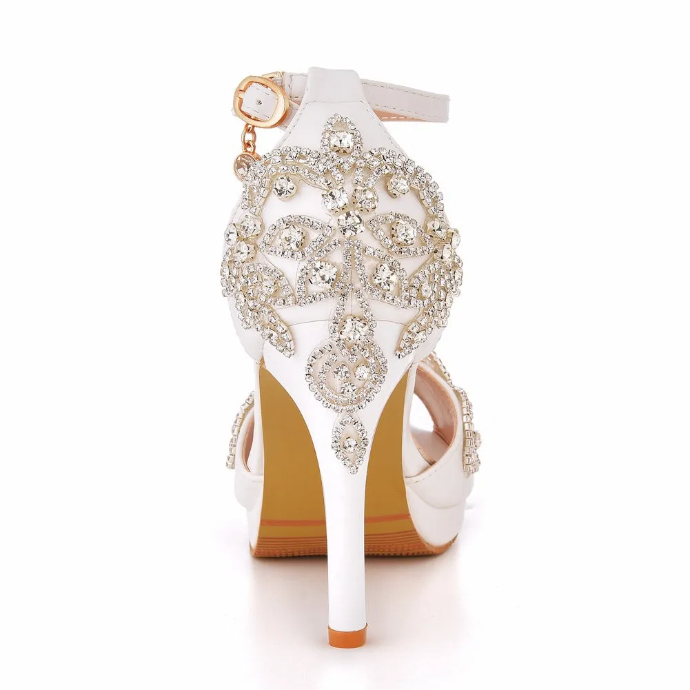 Peep Toe Rhinestone Flower Decor Platform Ankle-Strap High Heels