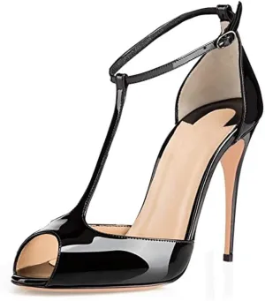 Peep Toe T-Strap Patent Leather Sandals