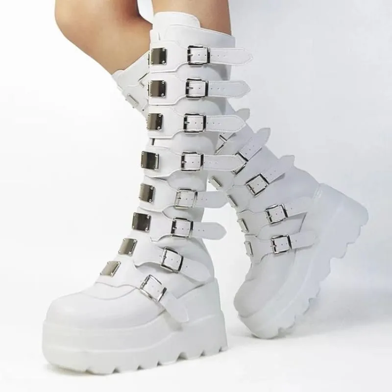 Punk Emo High Leg Boots with Multi Metal Buckles and Platform Design