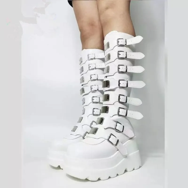 Punk Emo High Leg Boots with Multi Metal Buckles and Platform Design