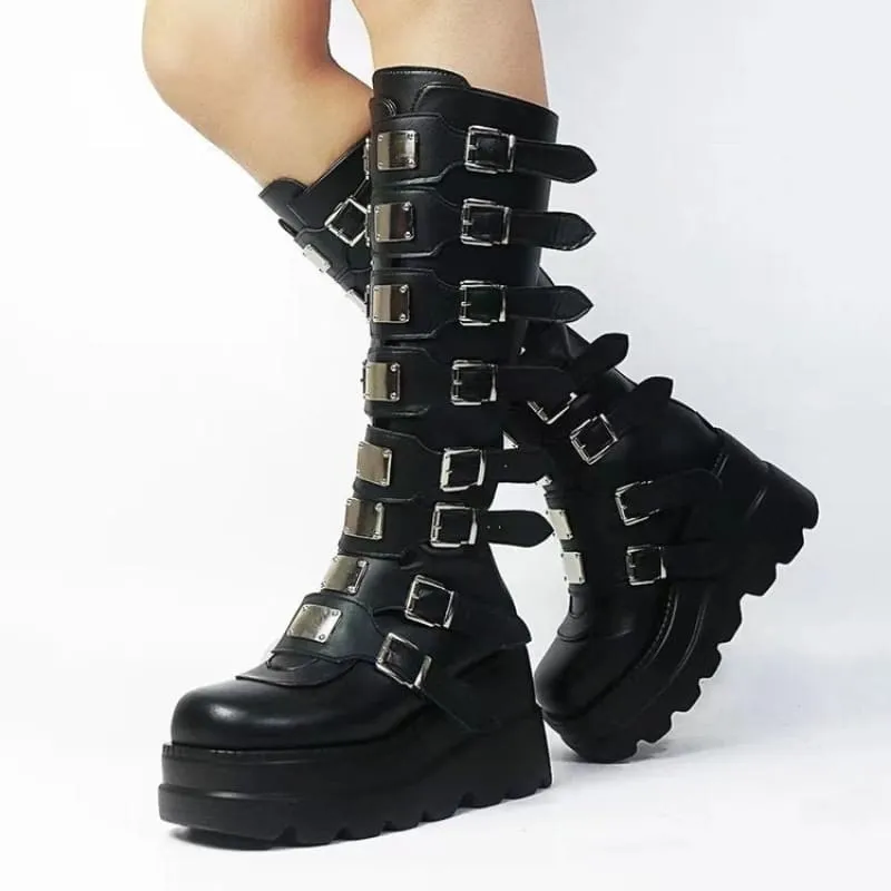 Punk Emo High Leg Boots with Multi Metal Buckles and Platform Design