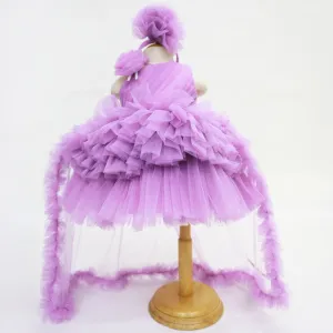 Purple & Pink Layered Net Party Dress With Detachable Tail & Headband