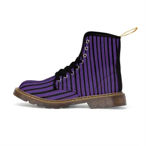 Purple Striped Print Men's Boots, Black Stripes Best Hiking Winter Boots Laced Up Shoes For Men