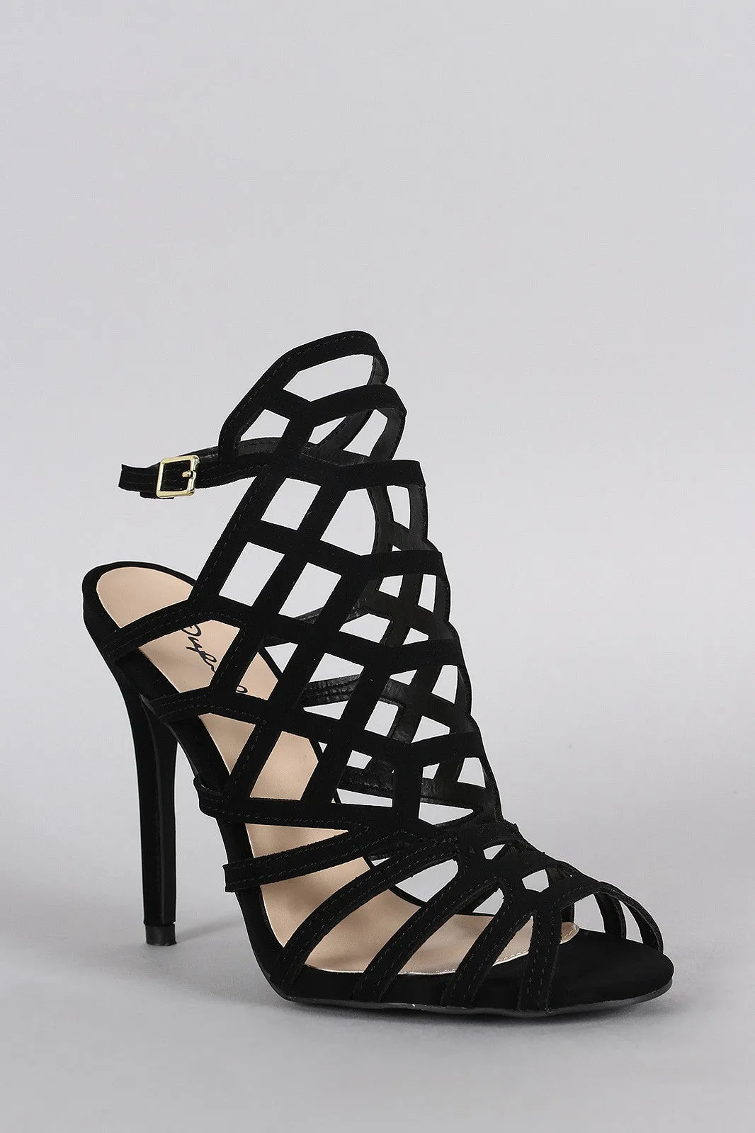 Qupid Nubuck Caged Peep Toe Stiletto Heel