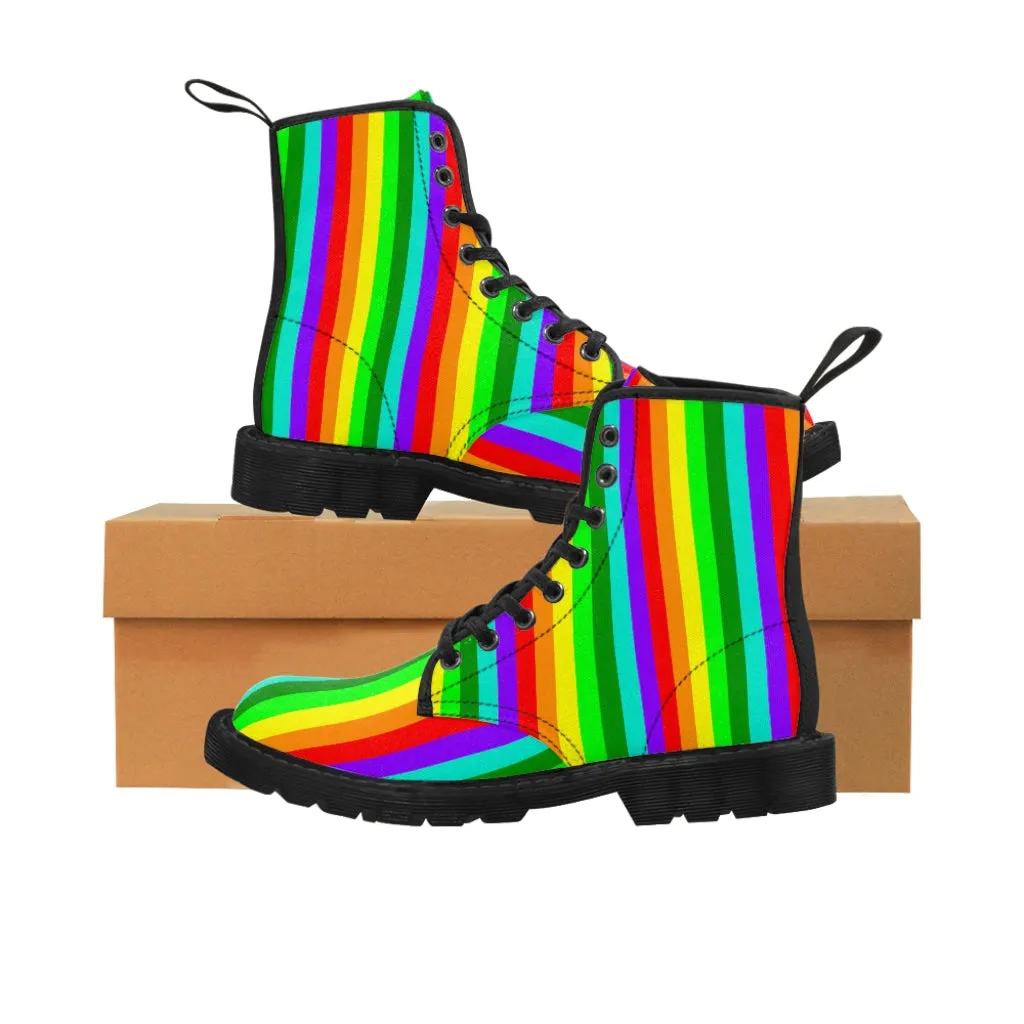 Rainbow Stripe Women's Canvas Boots, Striped Modern Gay Pride Winter Boots Shoes For Ladies