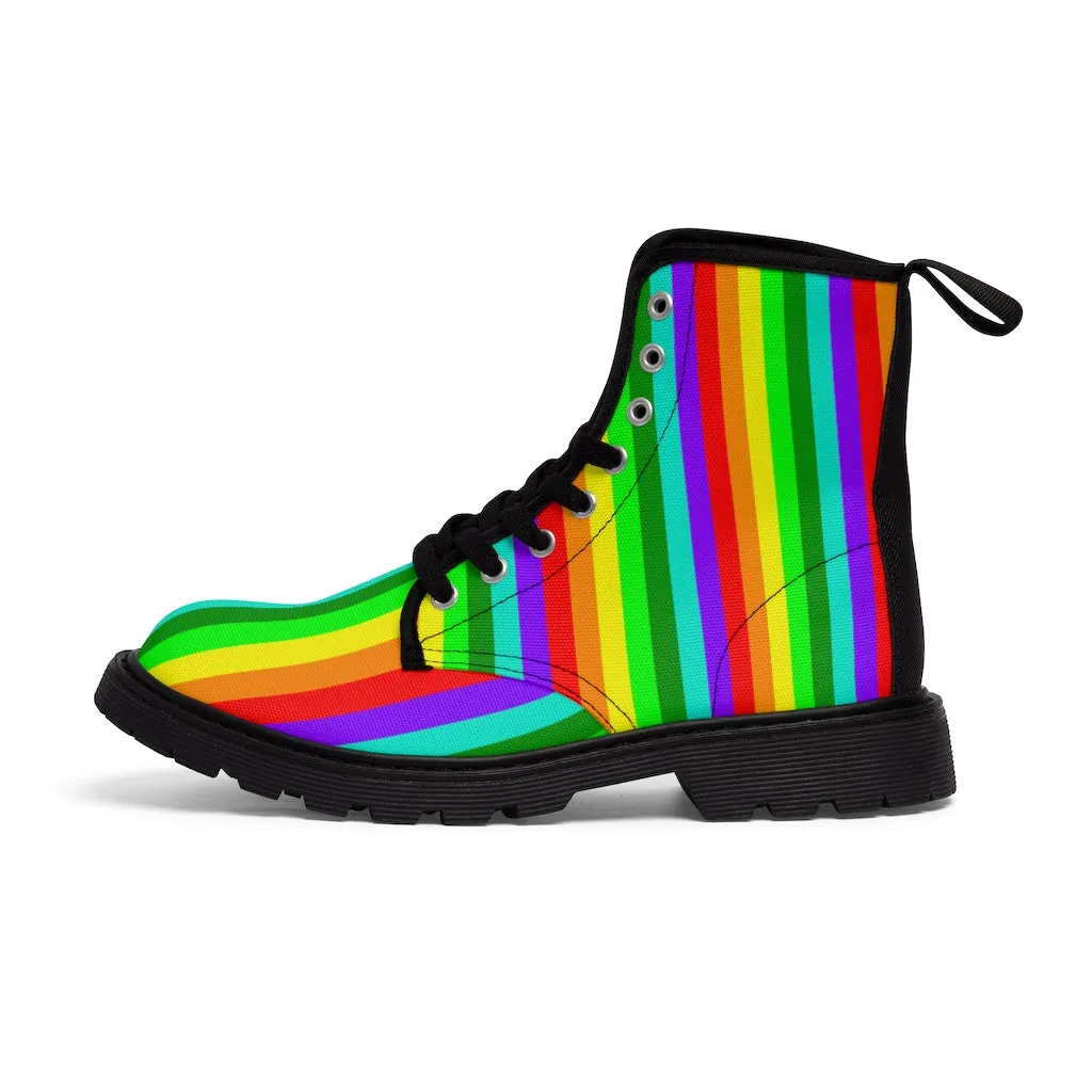 Rainbow Stripe Women's Canvas Boots, Striped Modern Gay Pride Winter Boots Shoes For Ladies