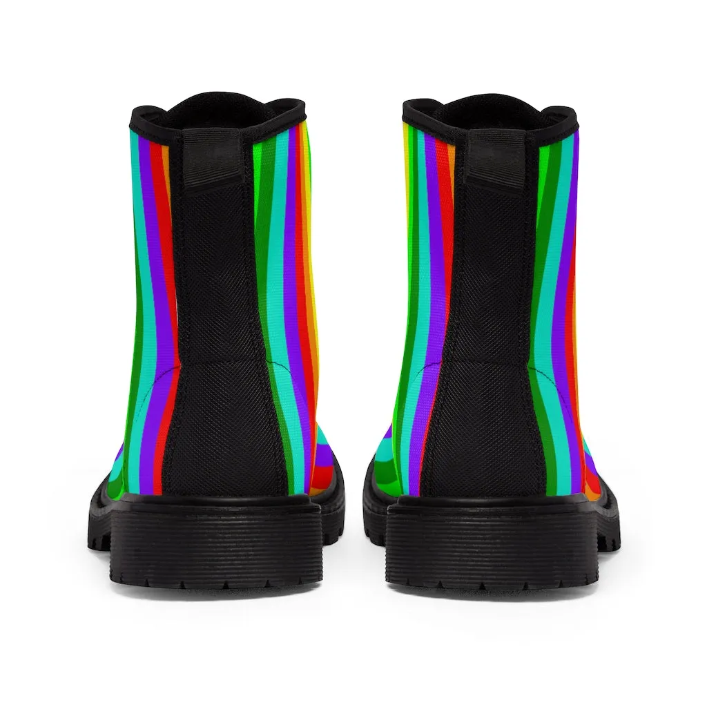 Rainbow Stripe Women's Canvas Boots, Striped Modern Gay Pride Winter Boots Shoes For Ladies