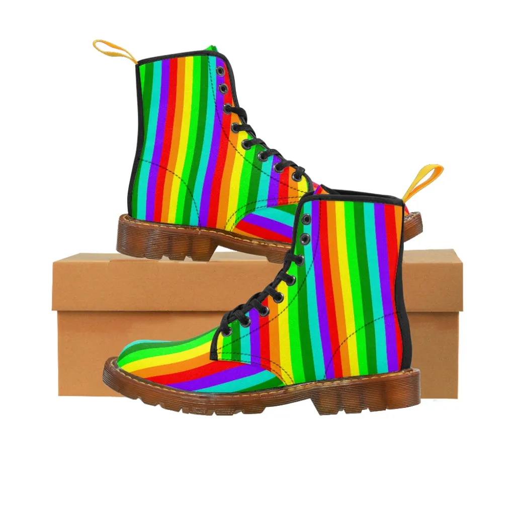 Rainbow Stripe Women's Canvas Boots, Striped Modern Gay Pride Winter Boots Shoes For Ladies