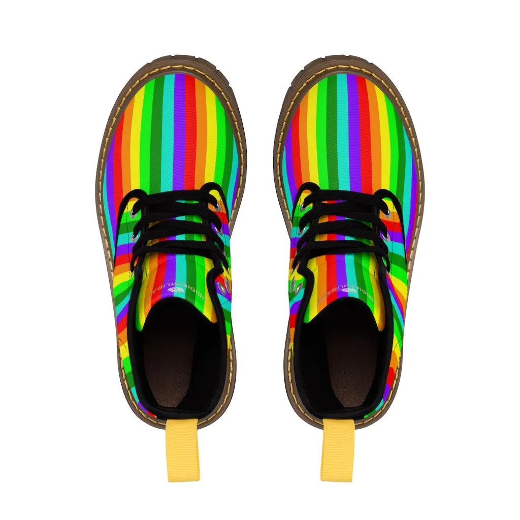 Rainbow Stripe Women's Canvas Boots, Striped Modern Gay Pride Winter Boots Shoes For Ladies