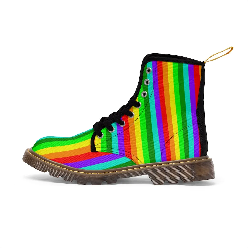 Rainbow Stripe Women's Canvas Boots, Striped Modern Gay Pride Winter Boots Shoes For Ladies