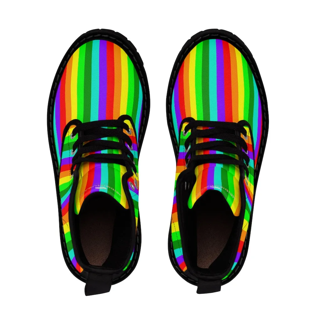 Rainbow Stripe Women's Canvas Boots, Striped Modern Gay Pride Winter Boots Shoes For Ladies