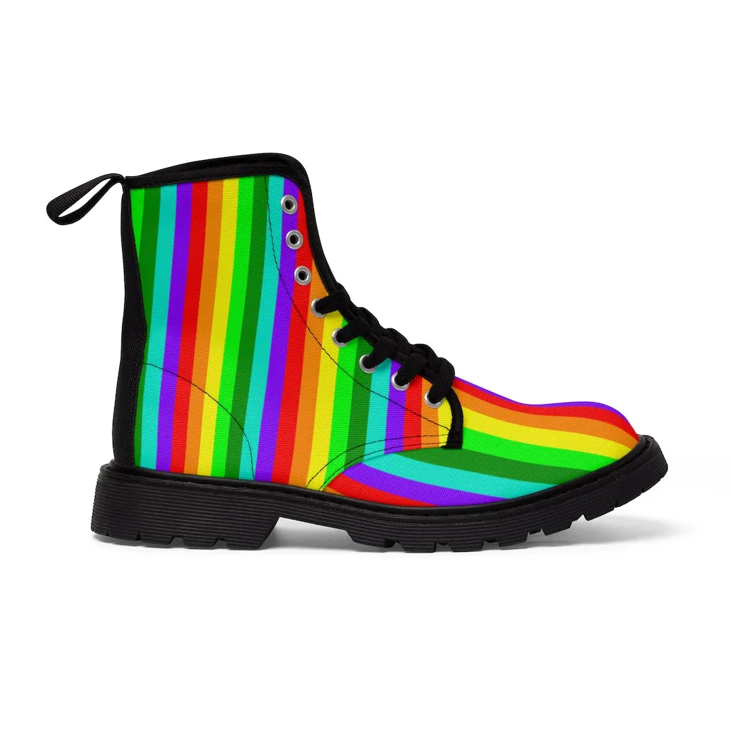 Rainbow Stripe Women's Canvas Boots, Striped Modern Gay Pride Winter Boots Shoes For Ladies