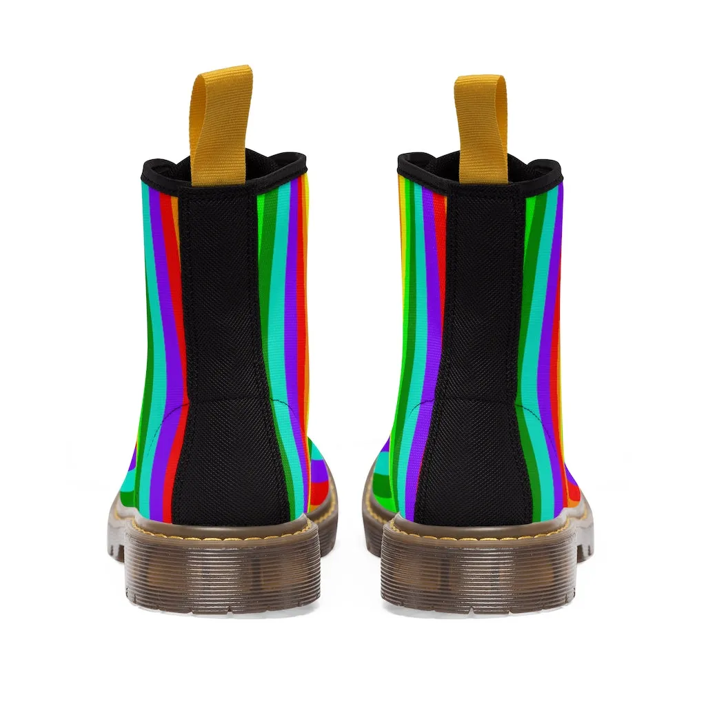 Rainbow Stripe Women's Canvas Boots, Striped Modern Gay Pride Winter Boots Shoes For Ladies