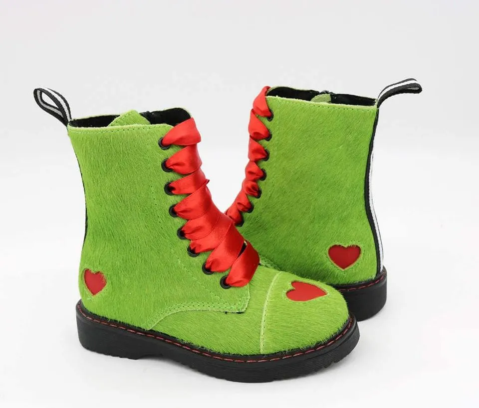 Ready to Ship! You're a  MEAN ONE Green Christmas COMBAT Boots w/ Heart!