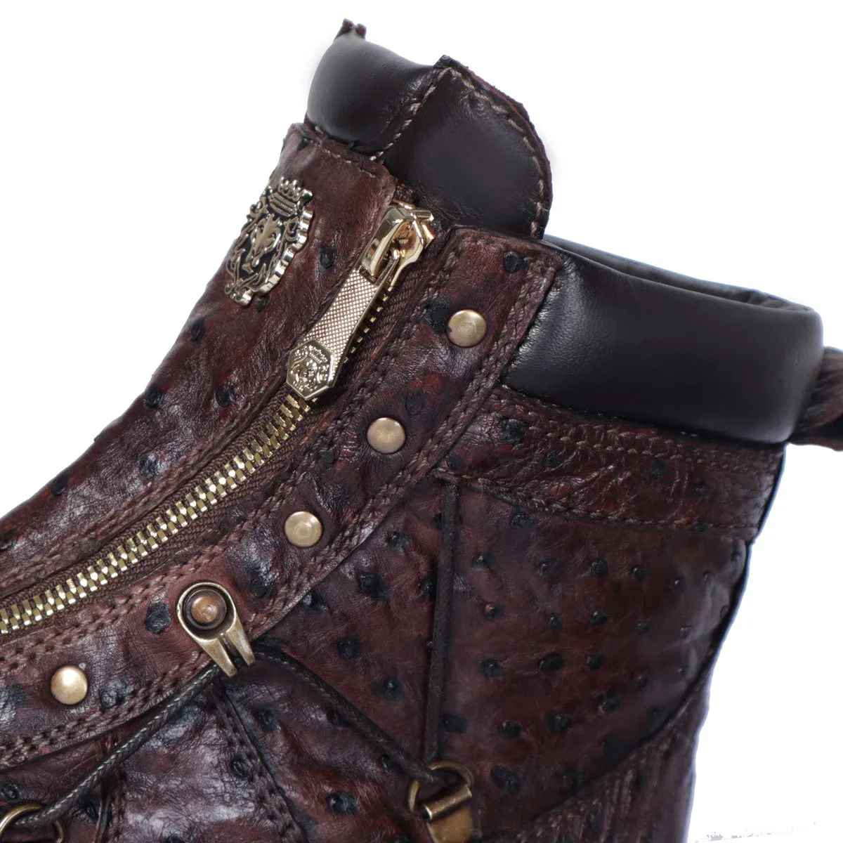 Real Ostrich Chunky Boot In Tobacco Dark Brown With Metal Plate On Toe