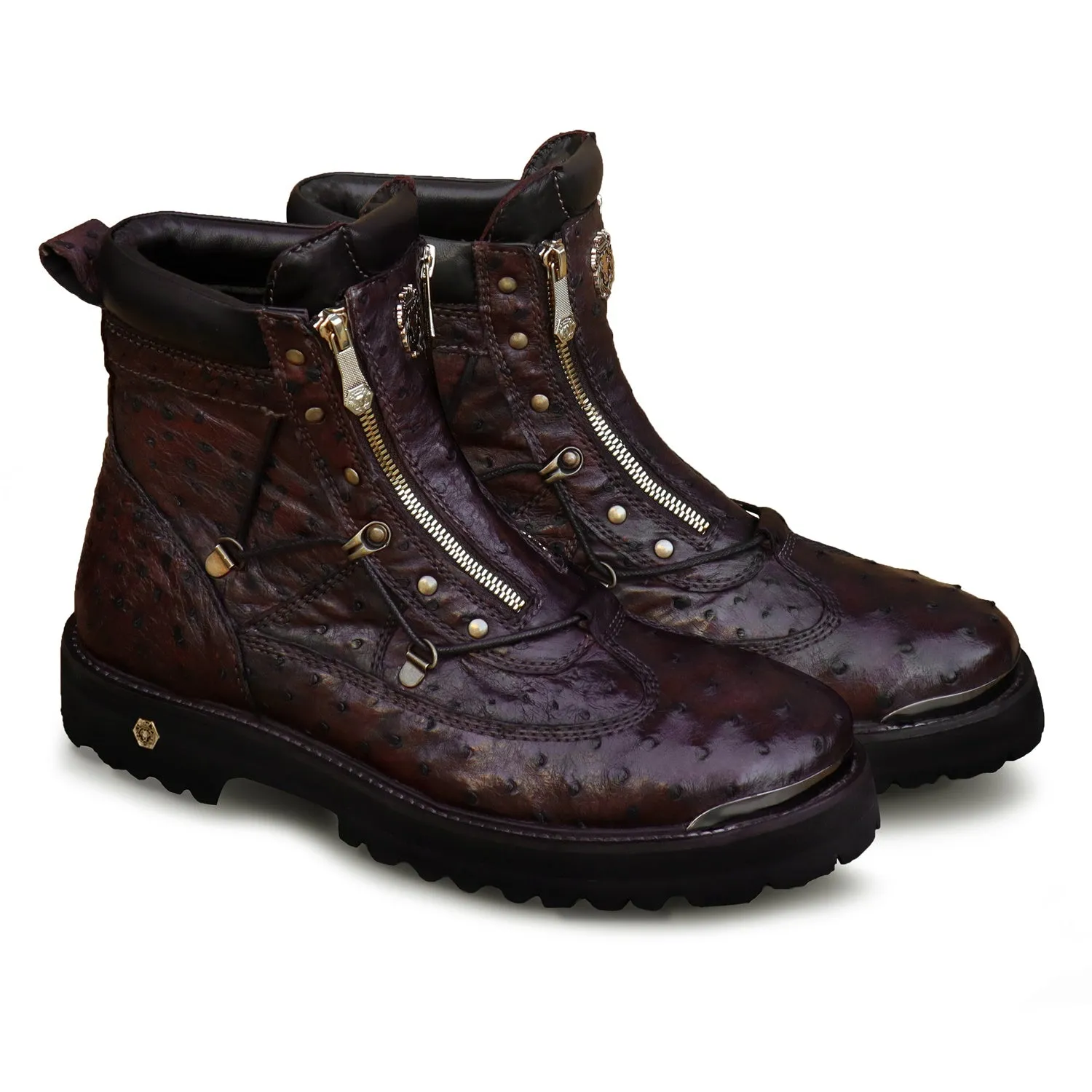 Real Ostrich Chunky Boot In Tobacco Dark Brown With Metal Plate On Toe