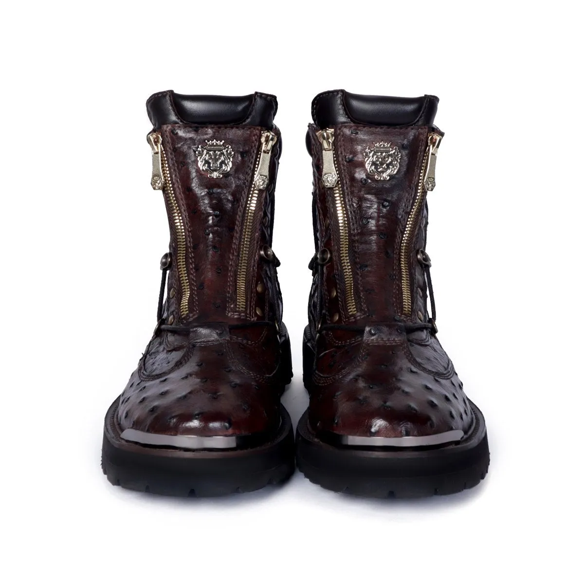 Real Ostrich Chunky Boot In Tobacco Dark Brown With Metal Plate On Toe