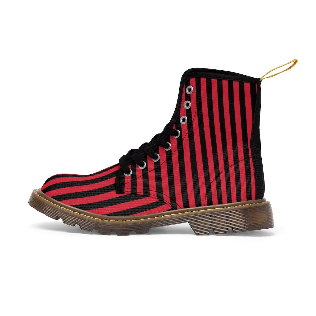 Red Black Striped Ladies' Boots, Designer Modern Women's Canvas Hiker's Boots (US Size 6.5-11)