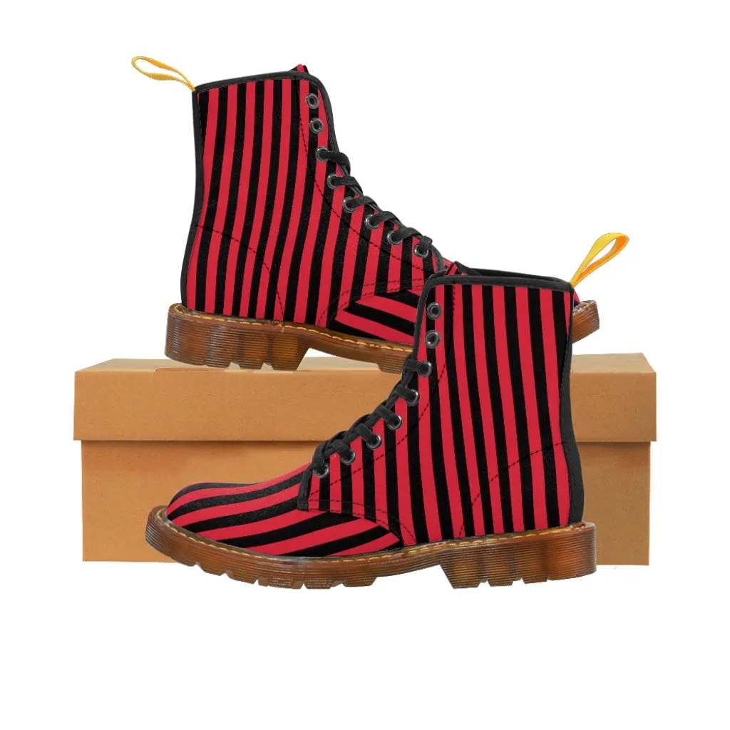 Red Black Striped Ladies' Boots, Designer Modern Women's Canvas Hiker's Boots (US Size 6.5-11)