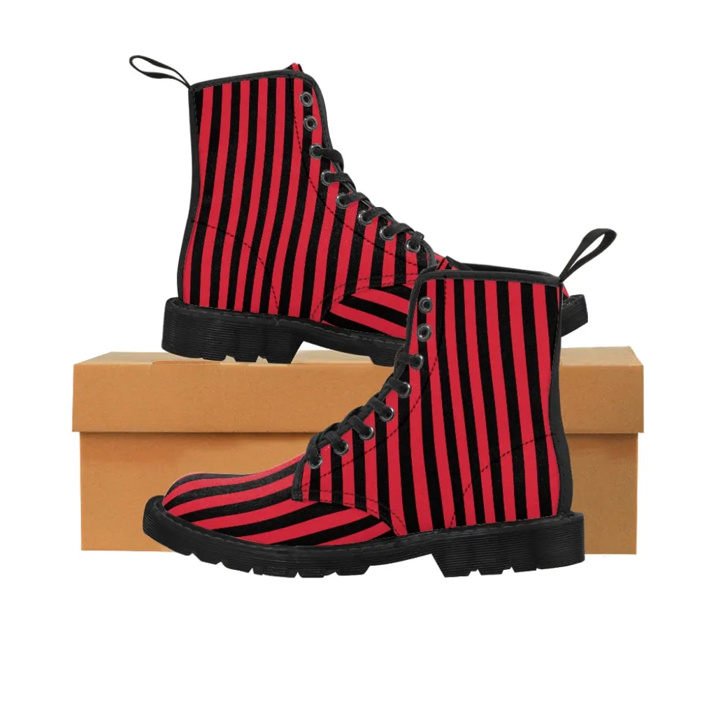 Red Black Striped Women's Boots, Modern Vertical Stripes Print Winter Canvas Boots For Ladies