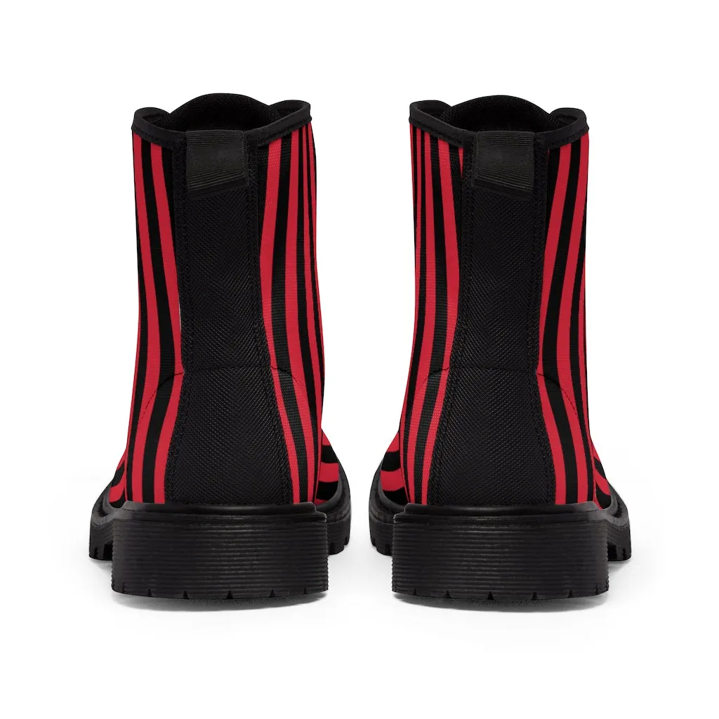 Red Black Striped Women's Boots, Modern Vertical Stripes Print Winter Canvas Boots For Ladies