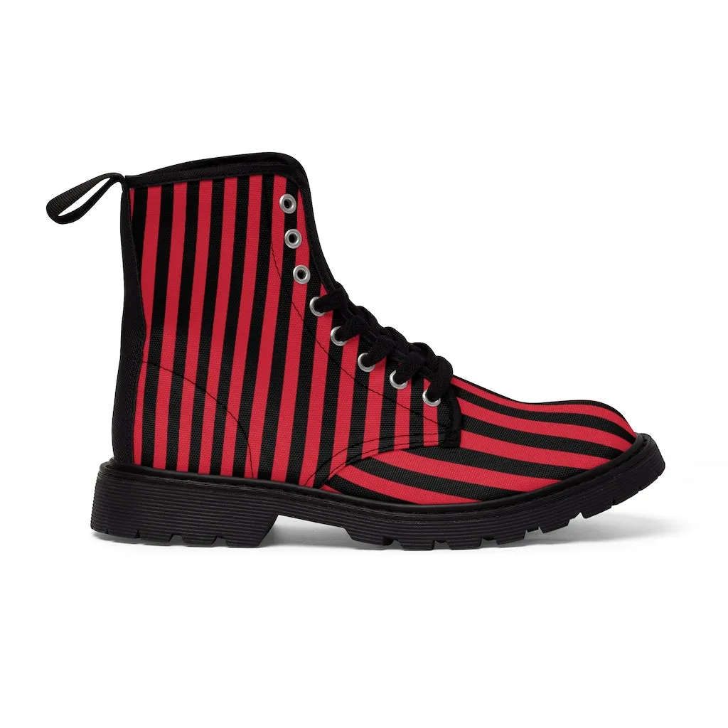 Red Black Striped Women's Boots, Modern Vertical Stripes Print Winter Canvas Boots For Ladies