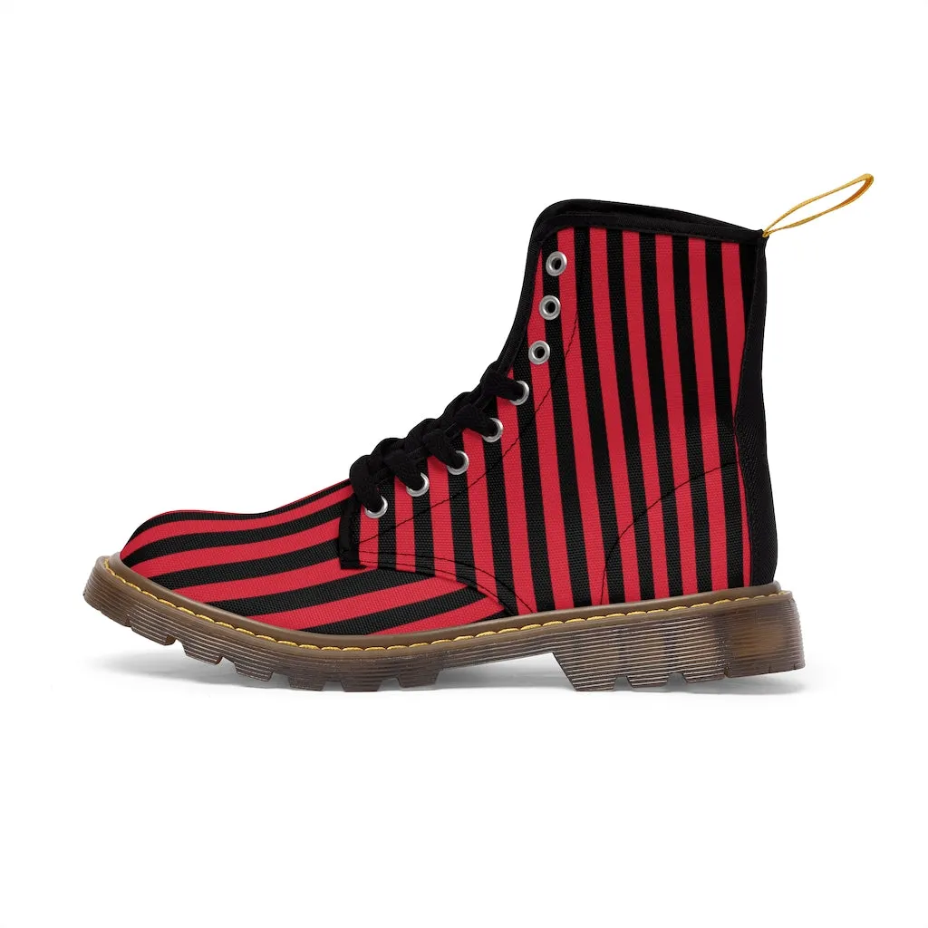 Red Black Striped Women's Boots, Modern Vertical Stripes Print Winter Canvas Boots For Ladies