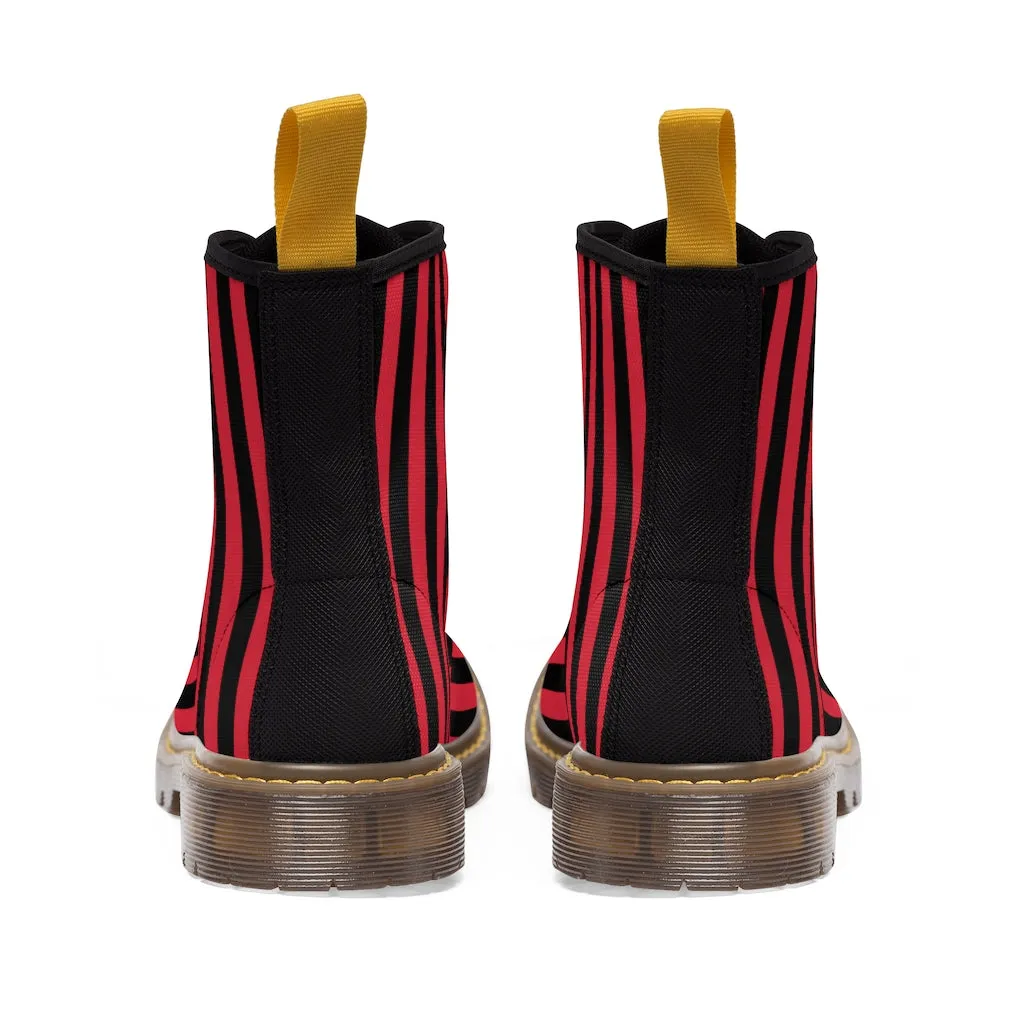 Red Black Striped Women's Boots, Modern Vertical Stripes Print Winter Canvas Boots For Ladies