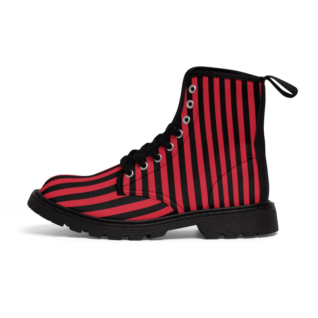 Red Black Striped Women's Boots, Modern Vertical Stripes Print Winter Canvas Boots For Ladies