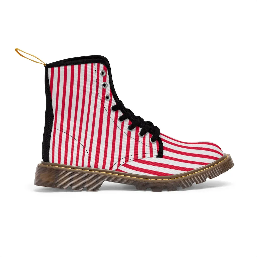 Red Striped Print Men's Boots, White Red Stripes Best Hiking Winter Boots Laced Up Shoes For Men