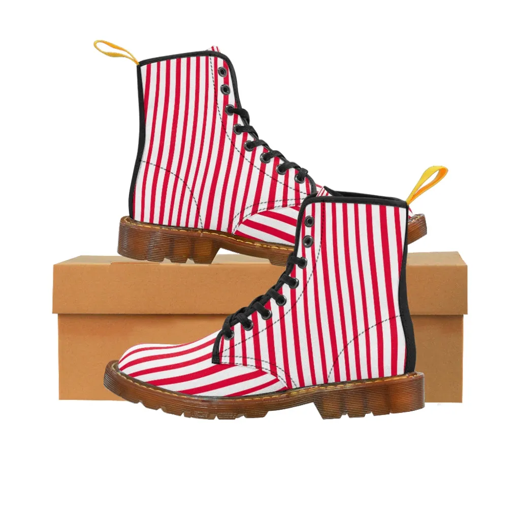 Red Striped Print Men's Boots, White Red Stripes Best Hiking Winter Boots Laced Up Shoes For Men