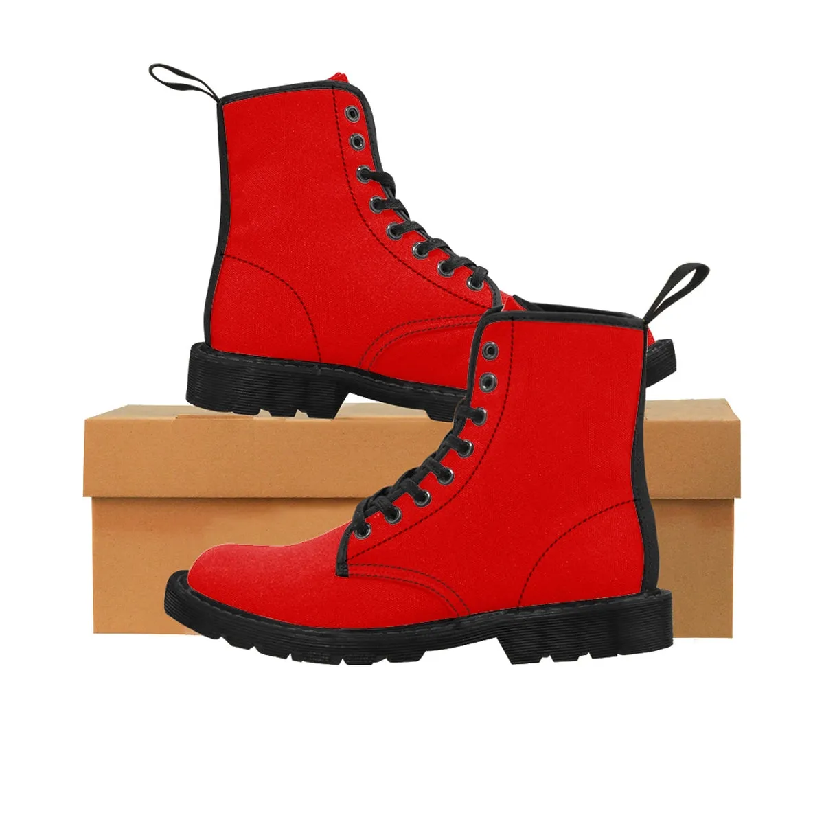 Red Women's Boots, Classic Solid Red Color Designer Winter Lace-up Toe Cap Hiking Boots (US Size 6.5-11)